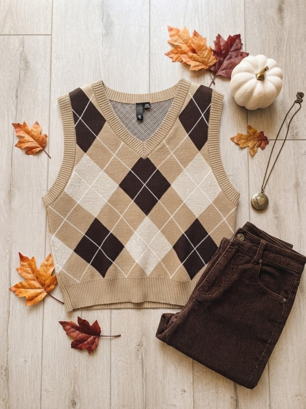 George Beige and Brown Argyle V-Neck Sweater Vest